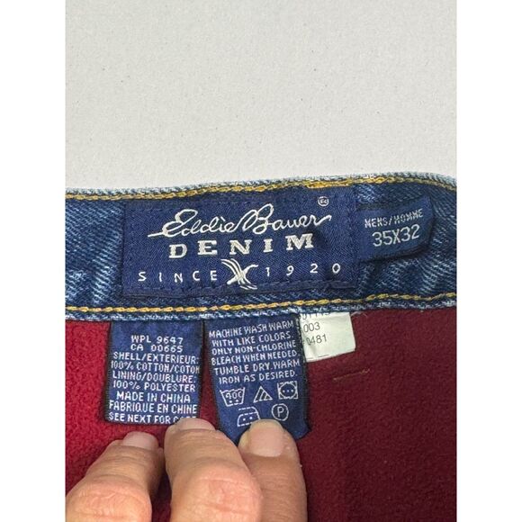 VTG - EDDIE BAUER Fleece Lined Jeans, Medium Wash, Zip Fly, Sz 35x32 - Picture 9 of 10